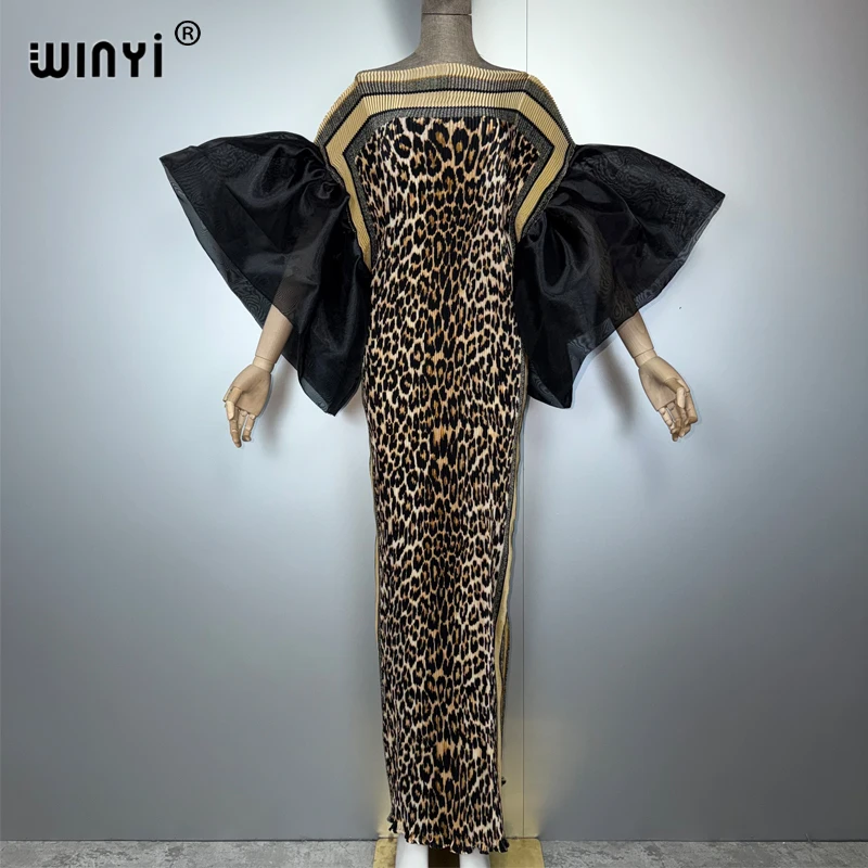 WINYI Bubble sleeve pleated dress leopard print beach cover up kaftan abaya dubai luxury party dress long down evening dress