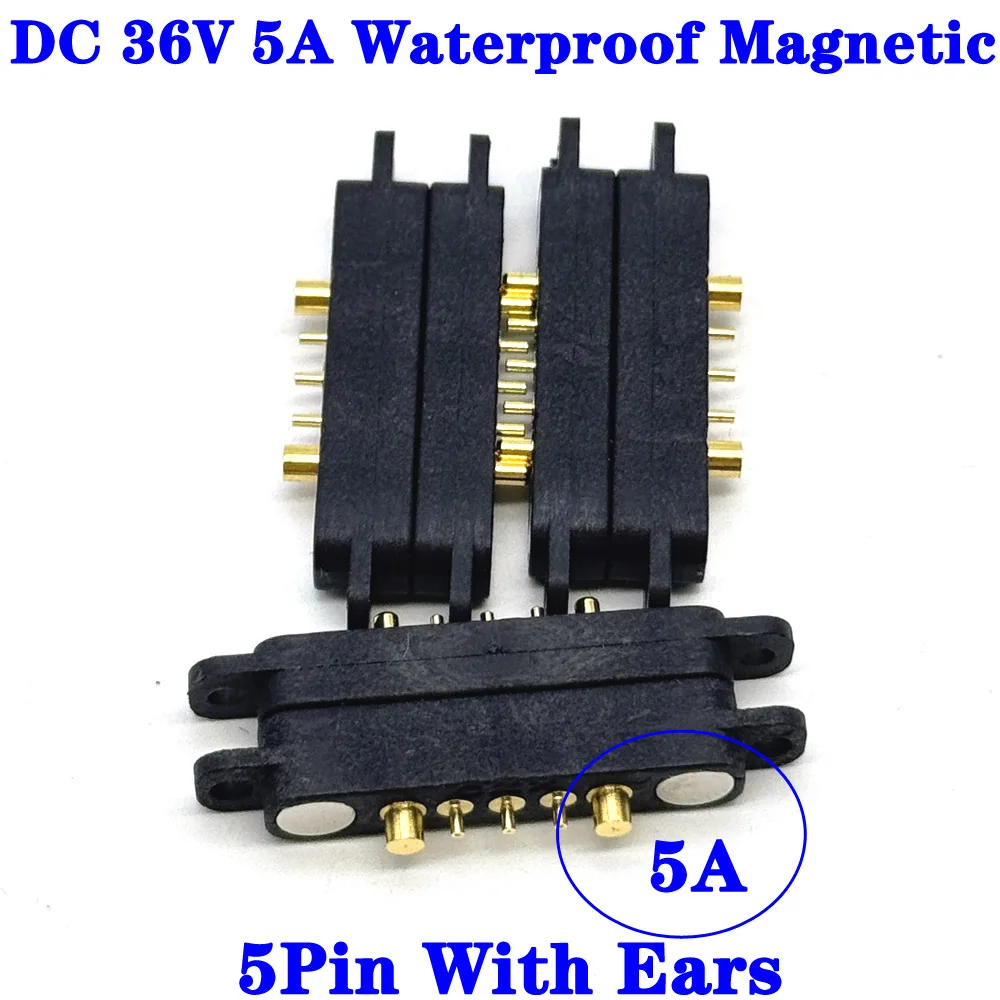 

1sets 5A 36V DC Magnetic Pogo Pin Connector 5Pin With Ears Waterproof Pogopin Male Female Spring Loaded DC Power Socket