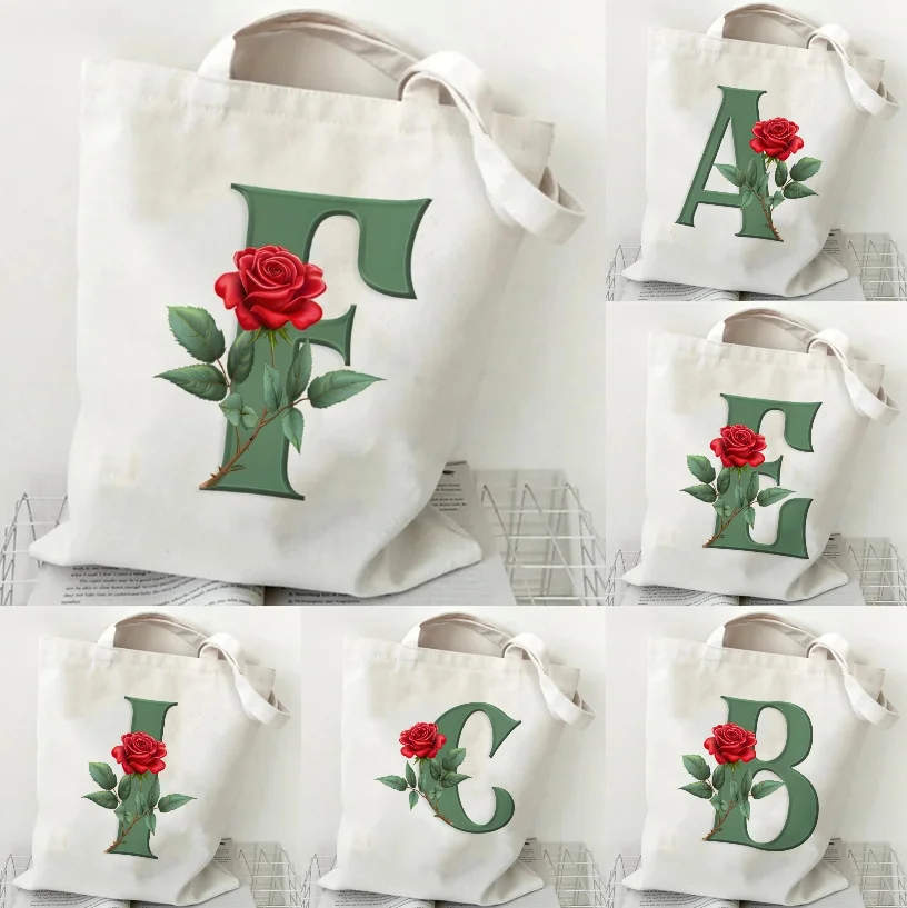 

26-letter Green Rose Print Shoulder Bag, Women's Canvas Tote Bag Reusable Eco-friendly Shopping Bag and Supermarket Shopping Bag