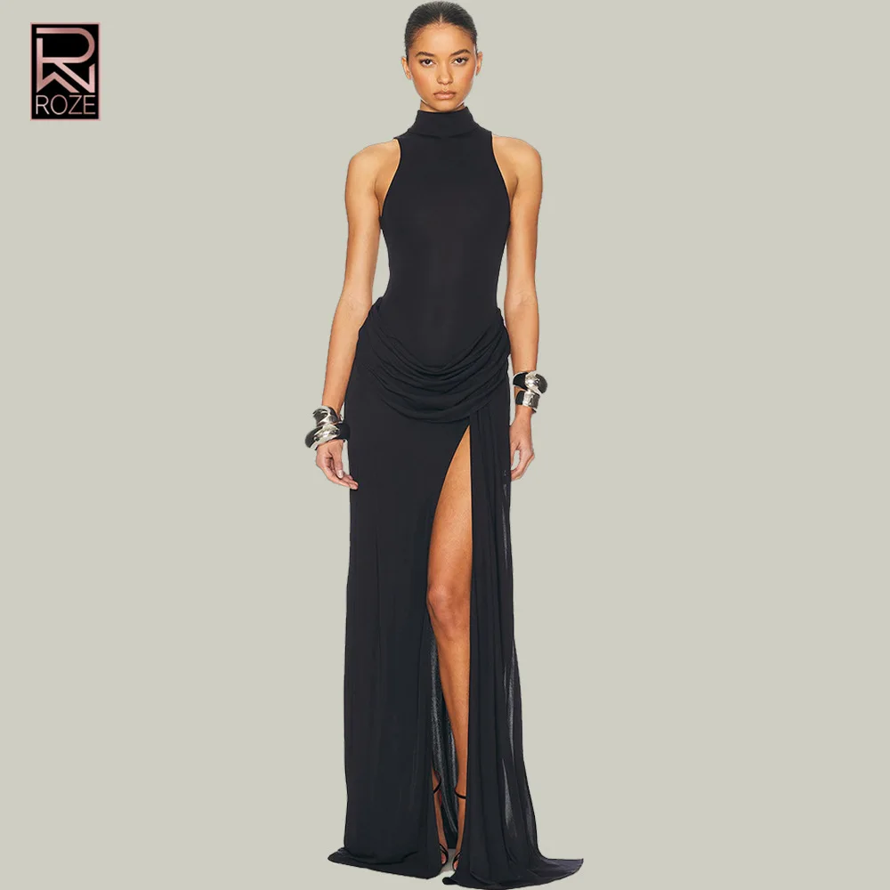 2025 Vestido bodycon sexy com fenda alta – Vestido longo feminino sem mangas com babados na cintura, vestido de noite transfronteiriço elegante