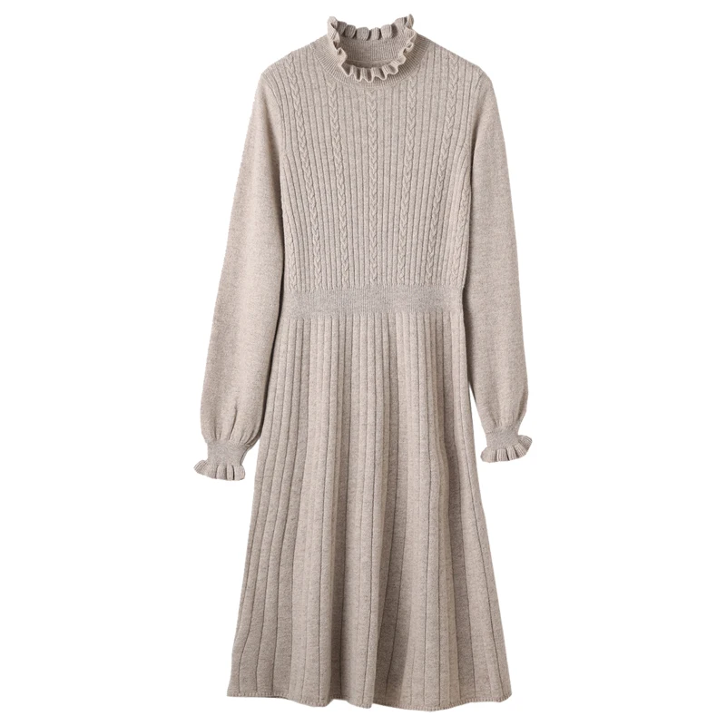 

100% Merino Wool Women's Clothing Pullover Dress With Fungus Collar Autumn Winter Casual Fashion Knitted Cashmere Long Skirt