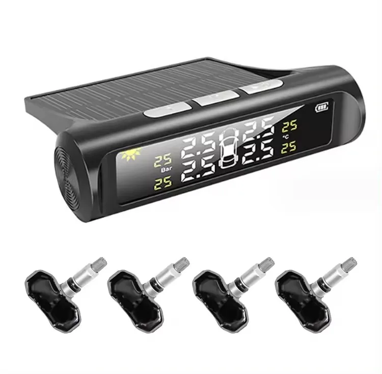 

Solar Charged TPMS High Precision Tire Pressure Internal External Cordless Tire Pressure Monitoring System Voice Alarm