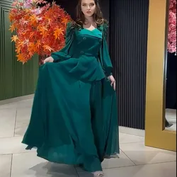 Customized Elegant Prom Gown For Women V-Neck Full Sleeves A-line Solid Color Floor-Length Evening Party Dresses فساتين للحفلات