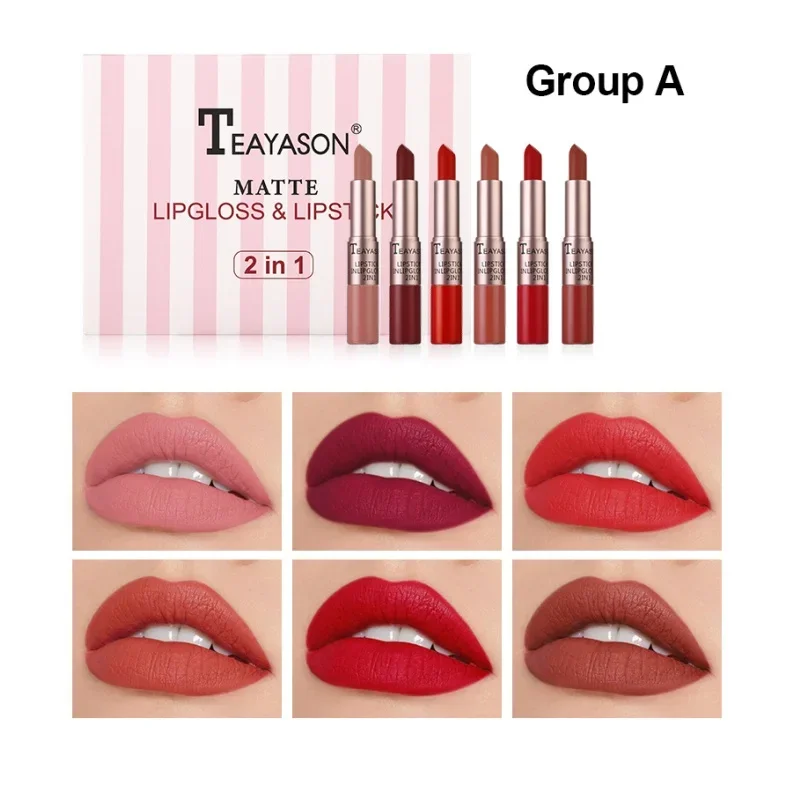 Juego de lápiz labial 2 en 1, brillo de labios mate, taza antiadherente de doble cabezal, brillo de labios de terciopelo, resistente al agua, lápiz labial Sexy de larga duración y humedad