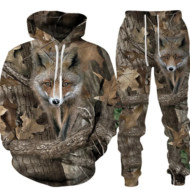 Hot Sale camouflage wild boar hunting men's hoodies pants set 3D printed animal series sportswear two-piece outdoor sports suit