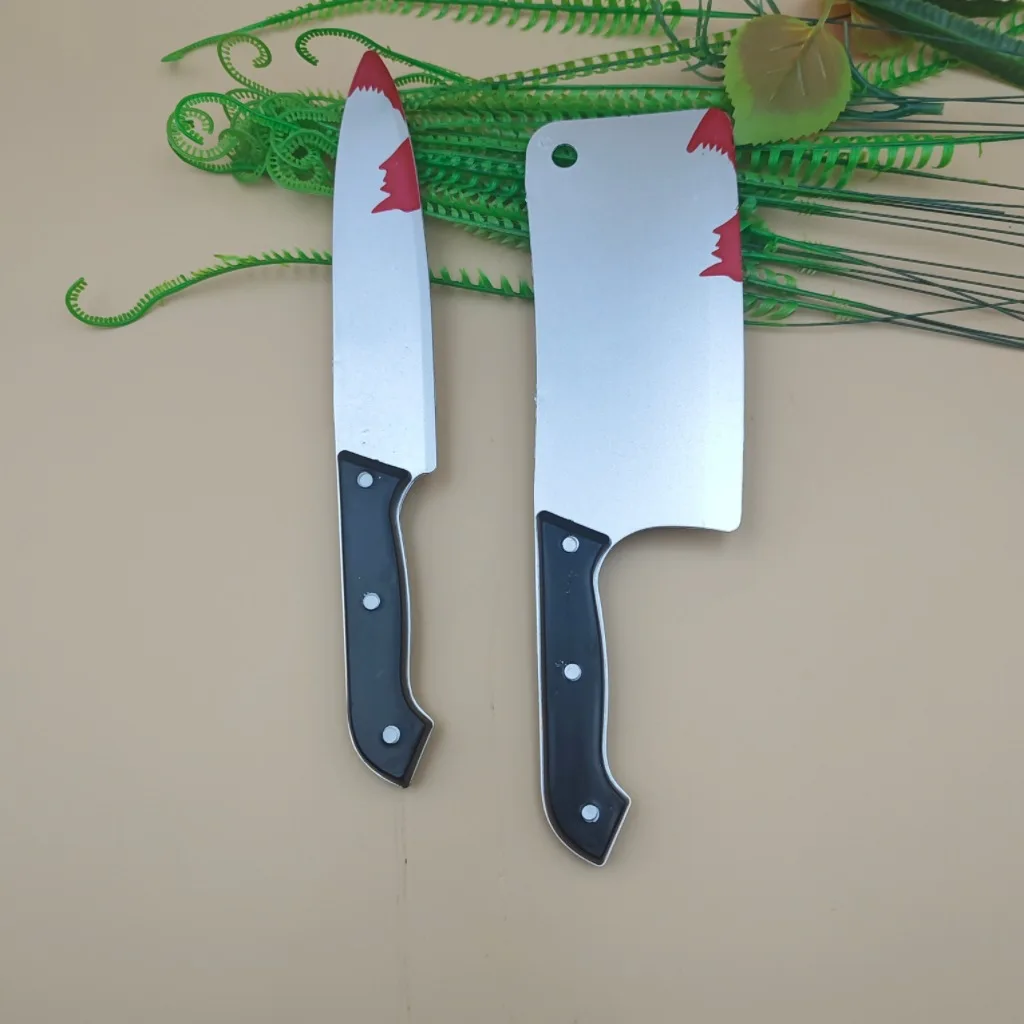 Halloween Bloody Fake Knife Set Plastic Cleaver Chef Knife Prop Horror Cosplay Accessory Prank Party Gag Toy Haunted House Decor
