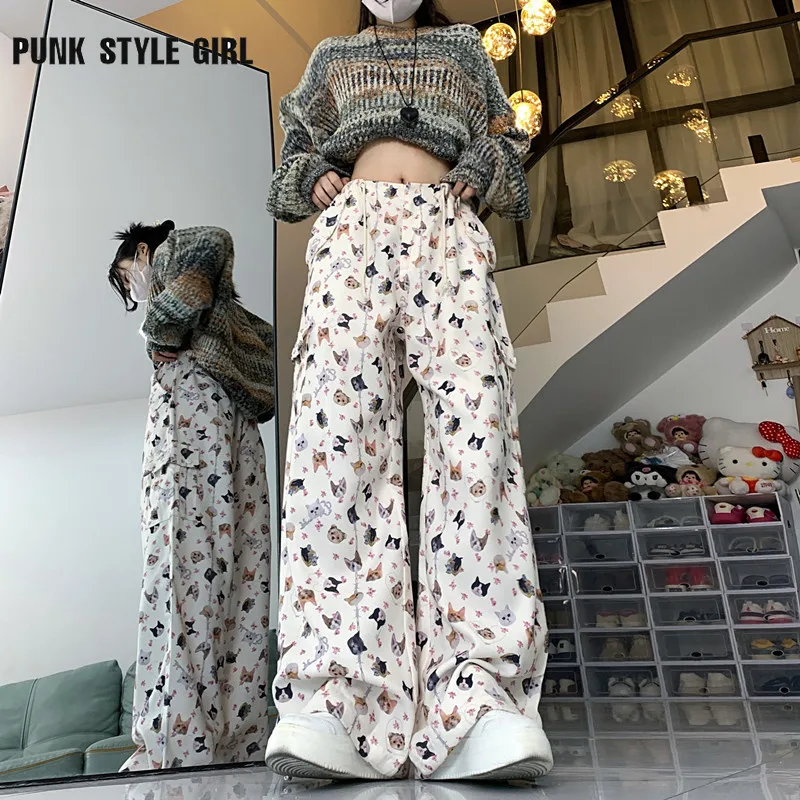 

Women's Retro Graffiti Kawaii Print Work Suit Pants 90S Hot Girl Y2K Straight Tube Sports Street Dance Wide Leg Casual Pants