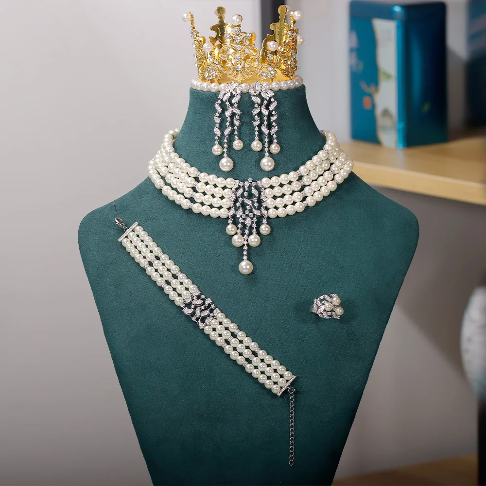 Trendy Choker Imitation Pearl Choker Elegant Cubic Zirconia Necklace 4PCS High Quality Dubai Women Bride Wedding Jewelry
