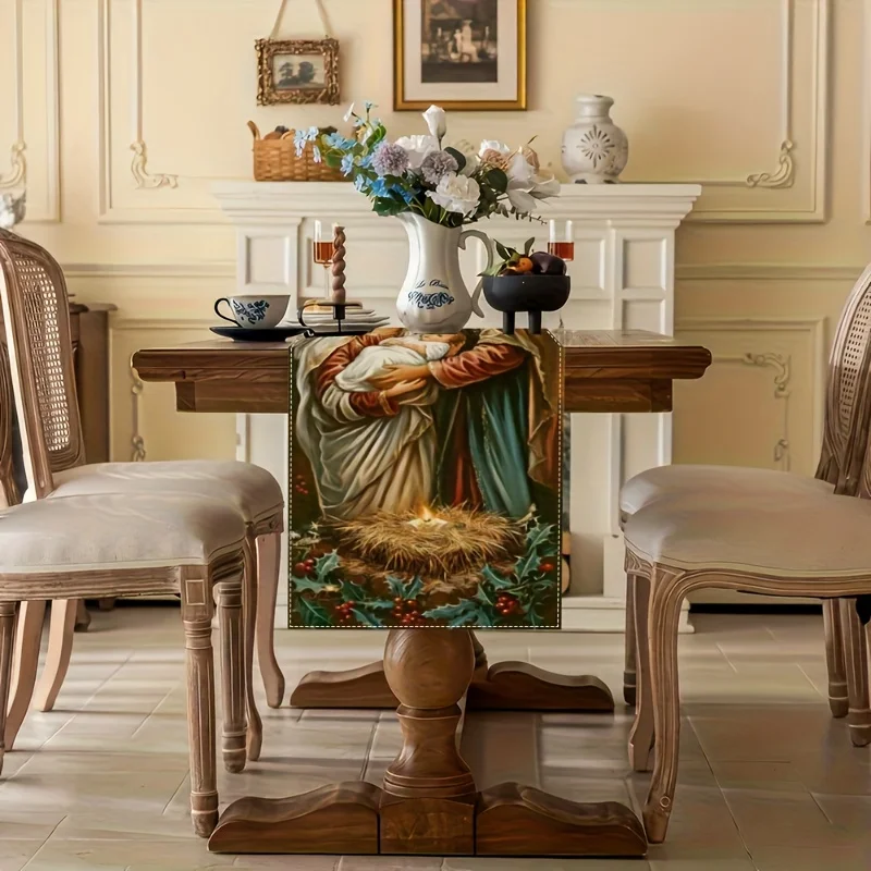Elegant Religious Christmas Table Runner Jesus Mary Joseph Jesus Christ Design Holiday Decor for Dining Tables Rustic Home Decor