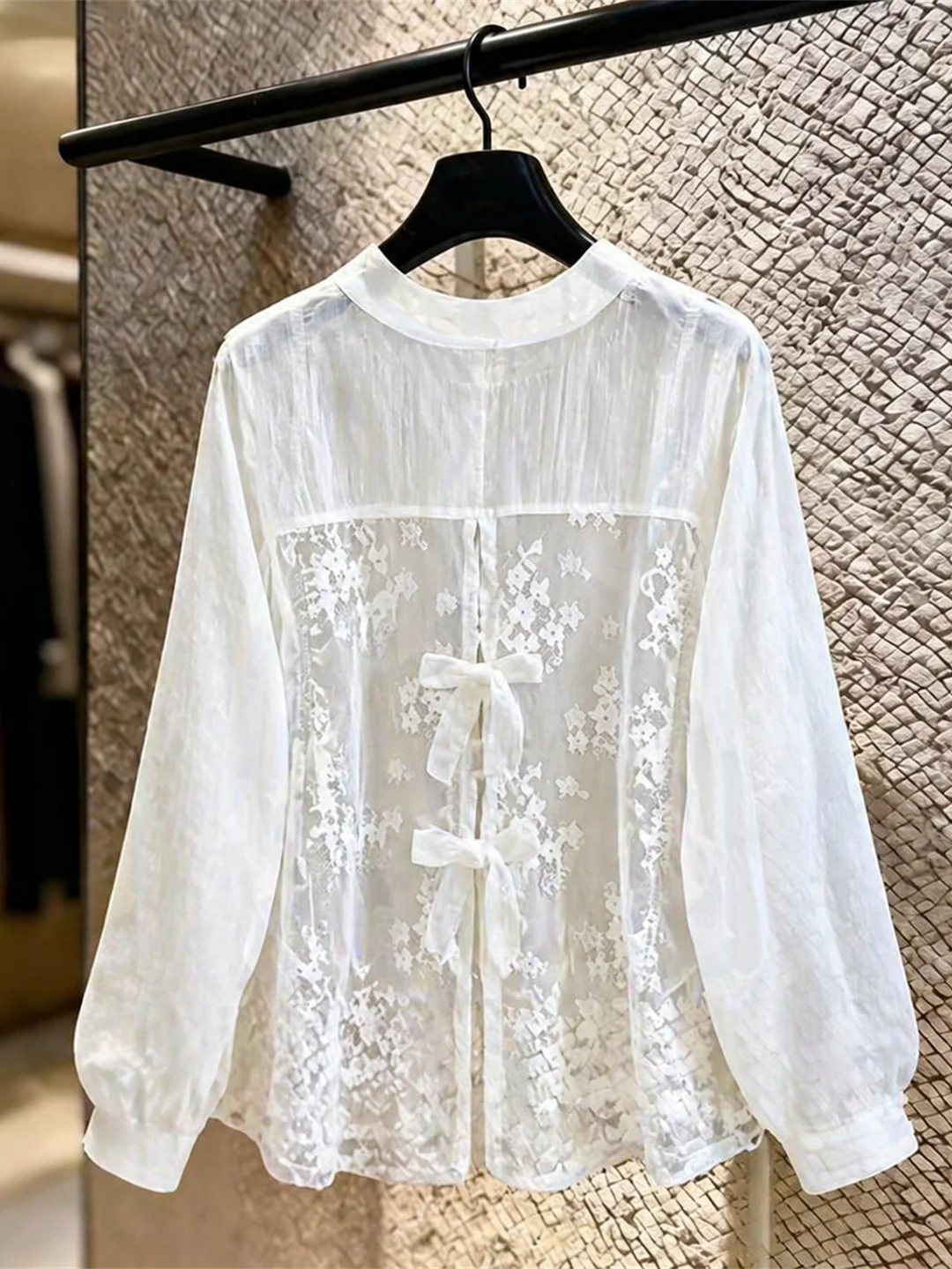 

New Knot Design Lace Patchwork Casual Long Sleeve Sun Protection Shirt Summer Loose Women's Fashion Commute Top