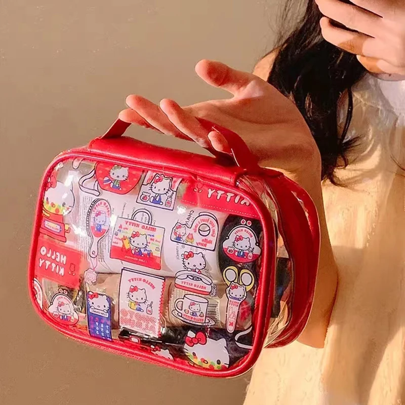 Hello Kitty Makeup Bag Sanrio Kawaii Portable Transparent PVC Large-Capacity Waterproof Skin Care Storage Bag Wash Tote Handbag