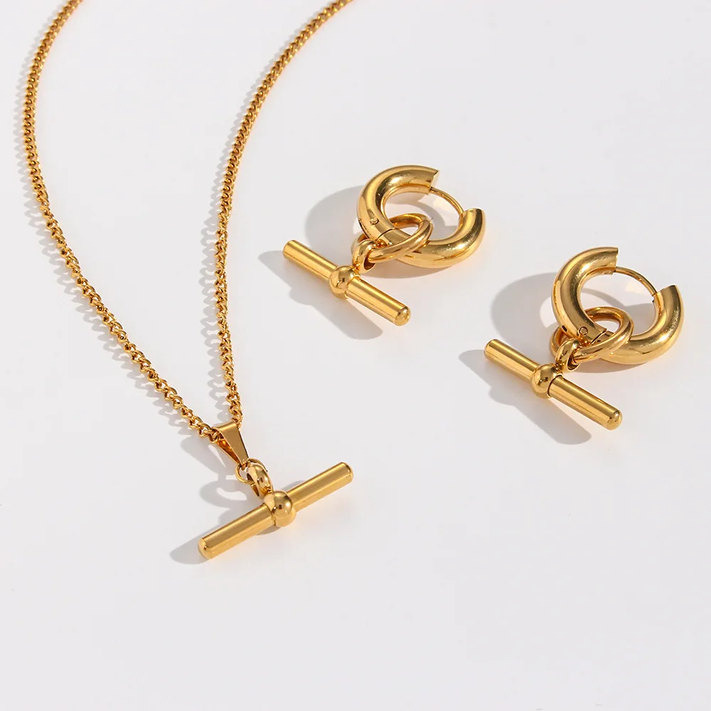 New Geometric Simple Pendant Necklace Earring Set for Men Women Stainless Steel Jewelry Gift