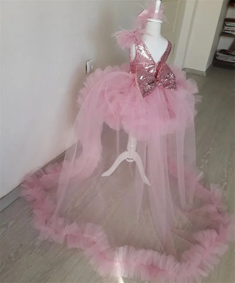 

Pink Flower Girl Dress with Long Train Glitter Sequins Soft Tulle Princess Party Birthday Gown Kid First Communion Dress