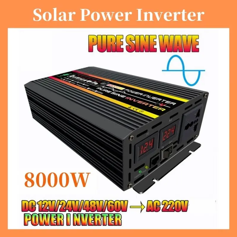 

8000W/6000W LCD Display Solar Power Inverter DC12V/24V/48V/60V to AC220V Pure Sine Wave Voltage Transformer Car Charge Converter