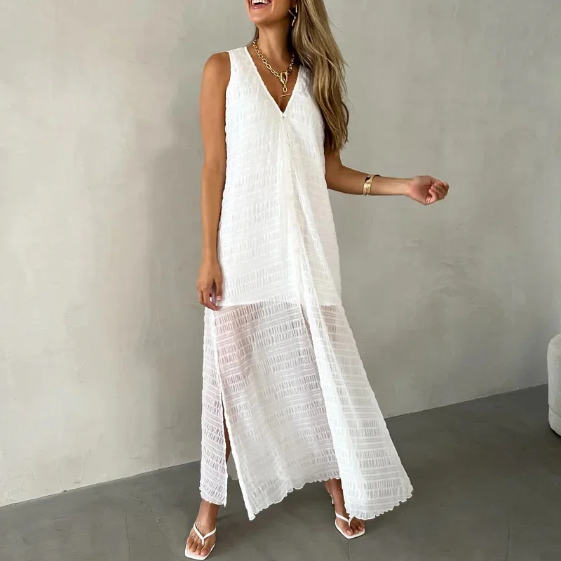 

LIBIELIY 2025 Sexy Deep V-neck Split Loose Tank Dress Fashion Hight Waist Pullover Party Dress Women Elegant Patchwork Solid L