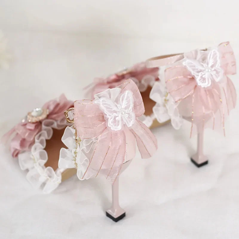 Butterfly Bow Mary Jane Lolita Shoes Princess Cosplay Pink Pointed Toe High Heel Wedding Bridal Party Footwear Holiday Gift New