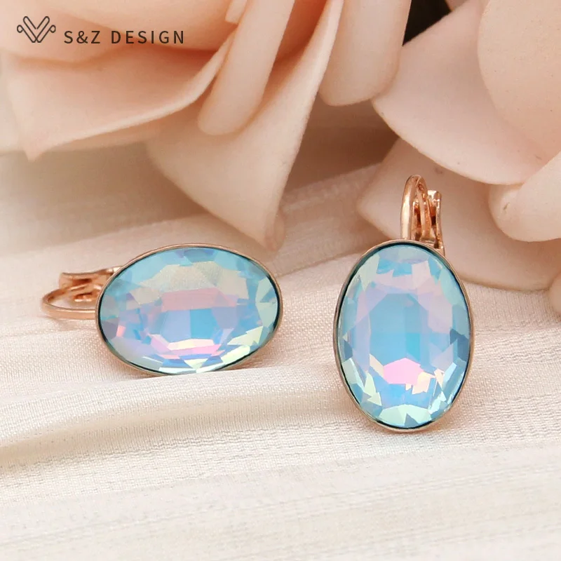 S&Z DESIGN New Fashion 585 Rose Gold Color Egg Shape Crystal Dangle Earrings For Women Wedding Elegant Jewelry Trendy Eardrop