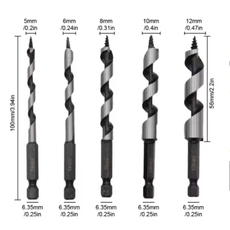 5 قطعة 100 مللي متر نجار اوجير بت 5-12 مللي متر سداسية مقبض تويست الحفر اليد دوامة مخرطة السلطة أداة اكسسوارات مجموعة المنشار