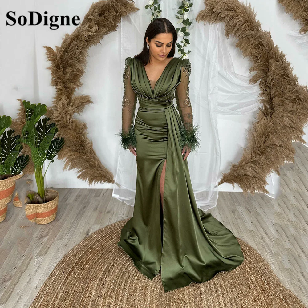 

SoDigne Mermaid Long Sleeves Prom Dresses Satin Pleats Beads Feathers Evening Gowns Side Split Formal Formal Party Dress