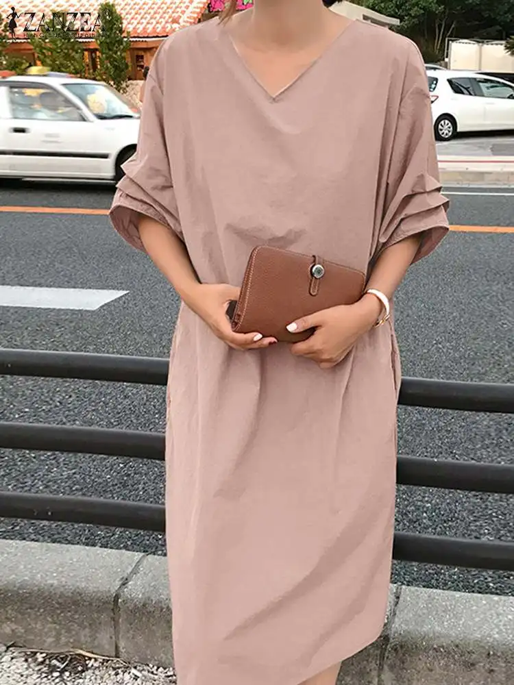 

ZANZEA Summer Fashion Dress Women Half Sleeve V-Neck Solid Color Sundress Female Elegant OL Baggy Vestidos Loose Work Robe 2023