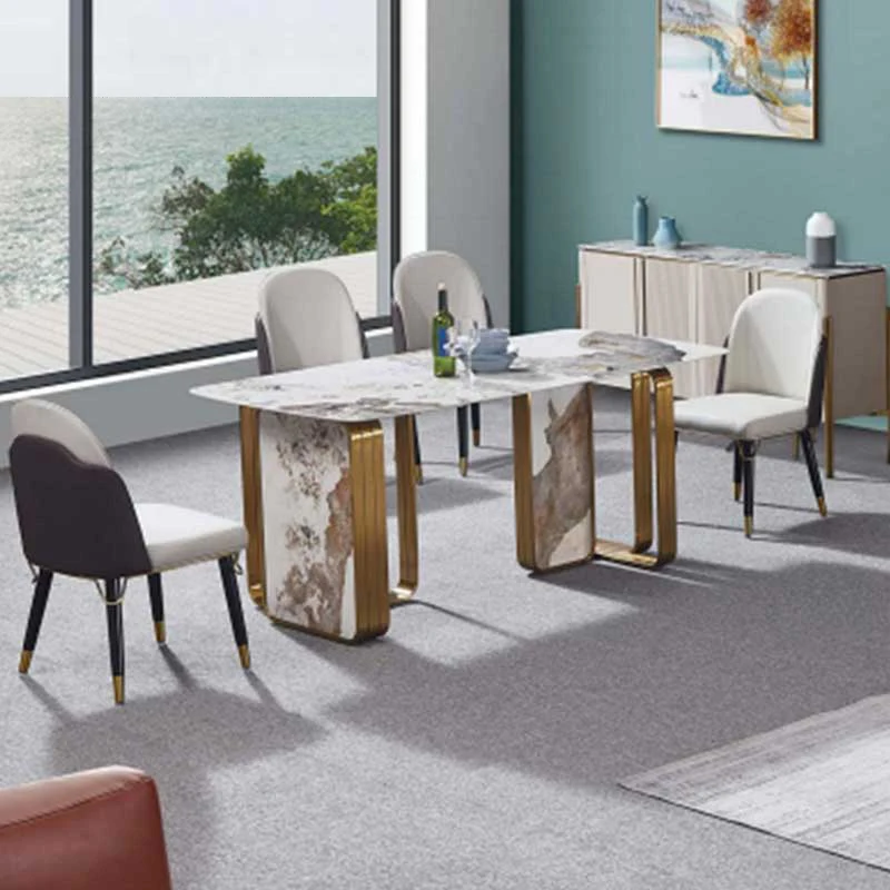 

Italian Design Modern Metal Dinning Table and Chair Set Home Furniture Dining Room Marble Slate Luxury Dining Table