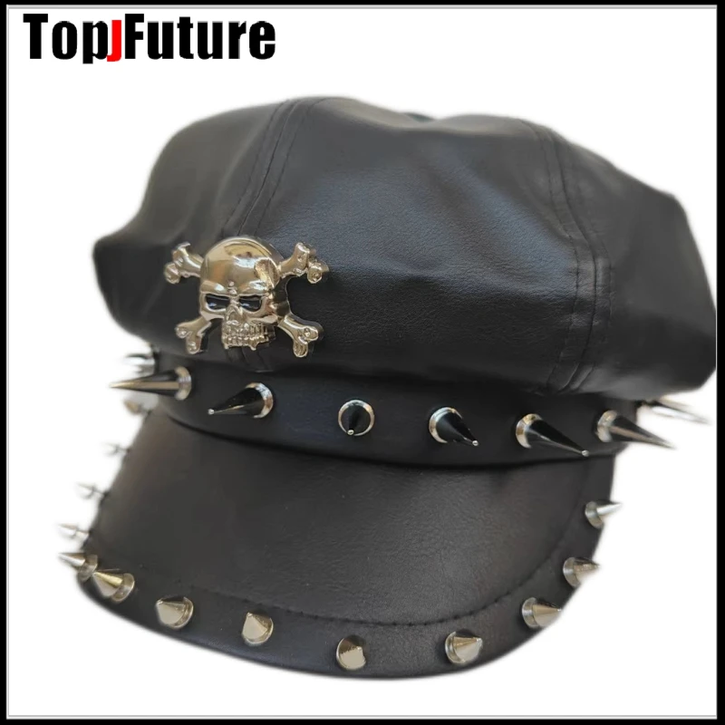 Harajuku Gothic Lolita Cool Punk  Skull Spike Cap Biker NewsBoy Flat Cap Mens Women Unisex Beret PU Leather Cap