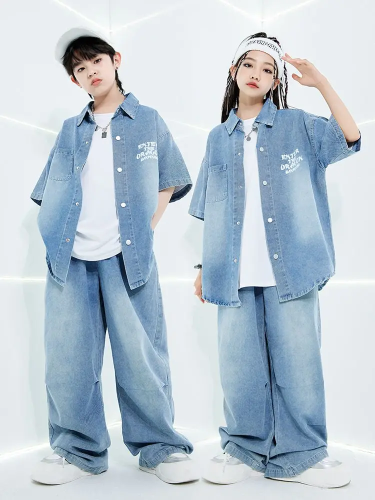 Denim Shirt Hip Hop Suit Children Jazz Performance Costumes Kids Ballroom Hip Hop Dance Festival Clothes Boys Street Wear