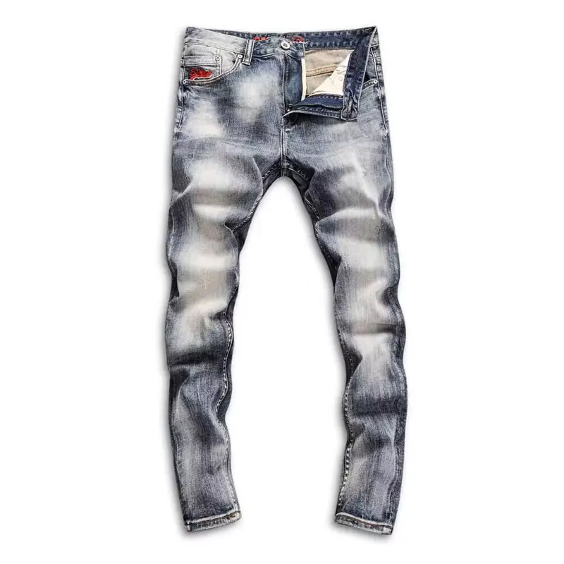 Fashion Vintage Men Jeans High Quality Retro Washed Blue Elastic Slim Fit Ripped Jeans Men Embroidery Designer Denim Pants Homme
