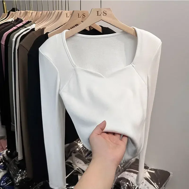 Camiseta de manga larga con cuello cuadrado para mujer, Top corto de felpa, ropa mate cálida, Otoño e Invierno