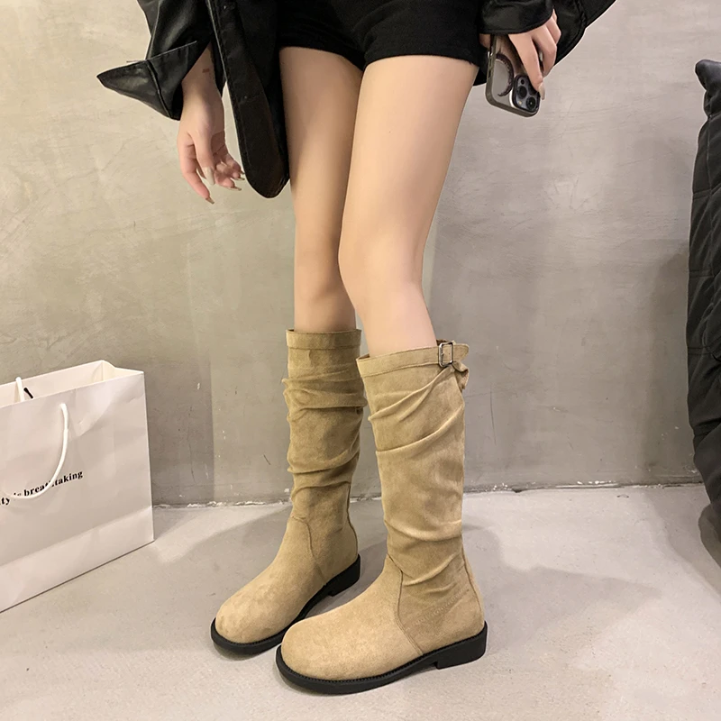 2026 Fashion Autumn Winter Women High Boots Female Slip-on Folds Low Heel Round Toe Flat Long Boots Plus Size Botas De Mujer view 5