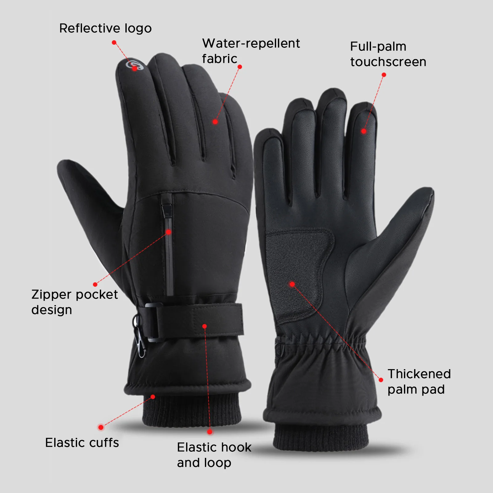 Guanti da sci invernali Guanti da snowboard touchscreen antiscivolo impermeabili caldi con tasca portaoggetti con cerniera per sport invernali all'aria aperta