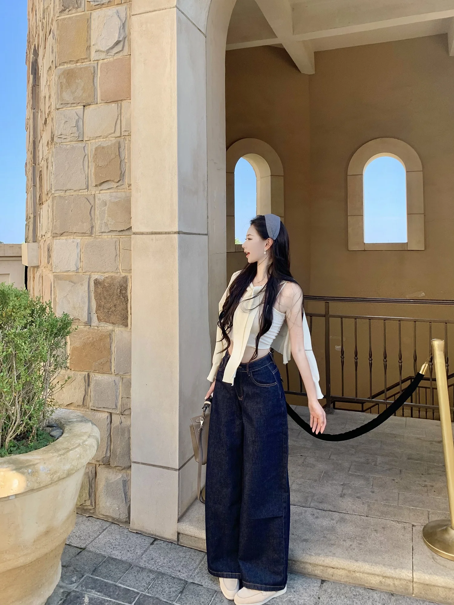 

J Studio Loose Wide Leg Denim Jeans Deep Blue apel Faionable Floor-Length Women's Pants Autumn Collection