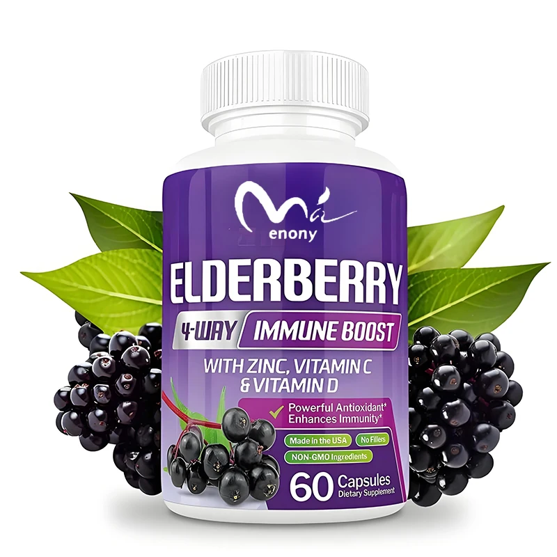 Organic elderberry capsules, immune enhancing vitamin C, D, and zinc 1260mg adult elderberry supplement, 60 capsules