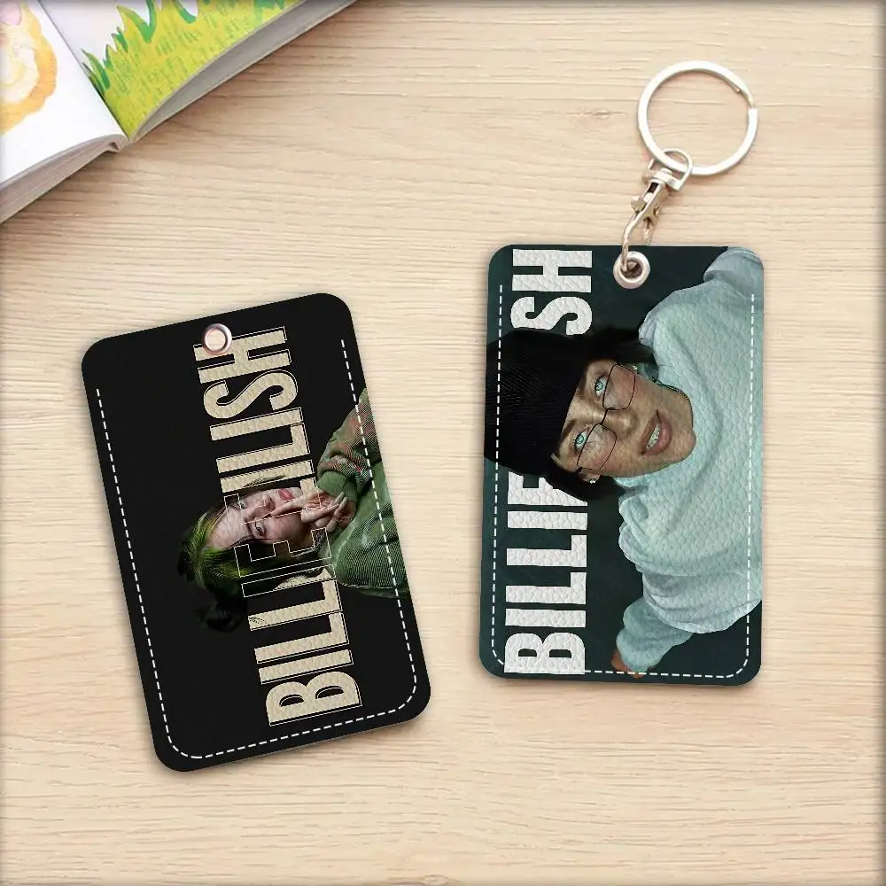 

B-BillieS Singer E-EilishS Rectangle ID Card Case Keychain Access Card Bag Key Tag Ring Leather Card Holder Key Ring Access