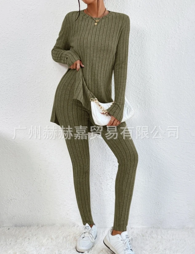 Womens Two Piece Sets Outfit Knitted Long Sleeved Sweater Pants Slim Fitting Home Outerwear Set 2023 Autumn Spring New Fashion