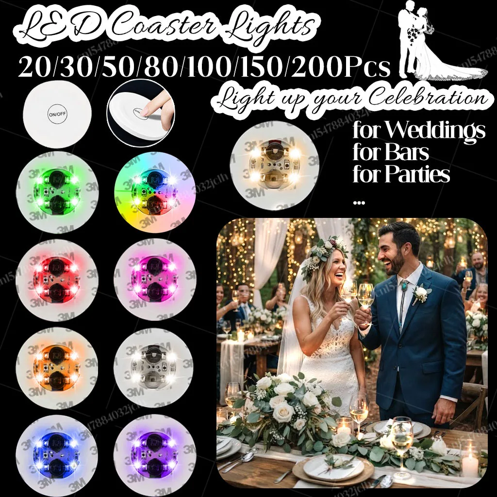 20-200PCS LED Coaster Lights Up Bar Coasters Glowing Wine Bottle Stickers for Wedding Drinks Cup Pad Party Atmosphere Light