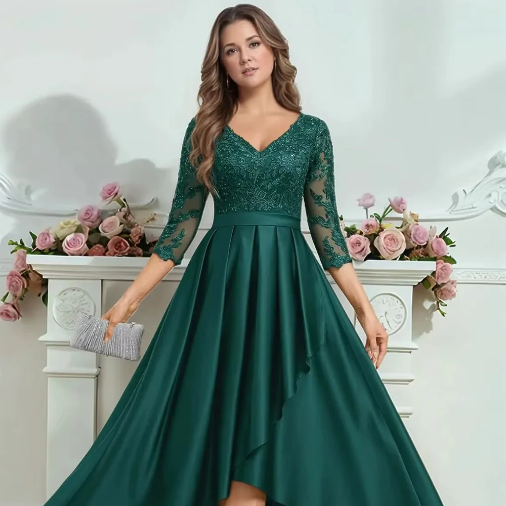 

Customized 3/4 Sleeve Satin Mother of Bride Dresses Elegant Lace Applique V Neck Mother of The Groom Wedding Party Dresses