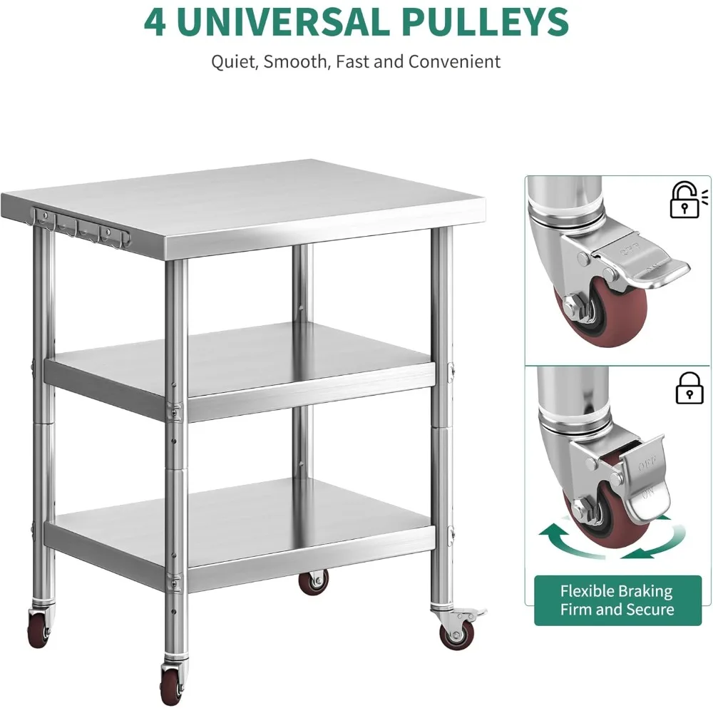 طاولة عمل دوارة من الفولاذ المقاوم للصدأ مع ثلاثة أرفف، 30 × 24 لاستخدام المطبخ والمطاعم #4