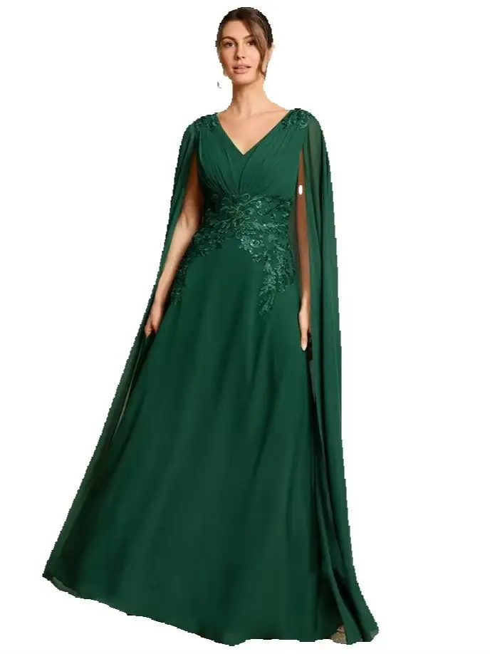 Mother of The Bride Dress Customized 2026 V Neck Beading Sequined Applique Pleat A Line Chiffon Wedding Guest Gown with Cape