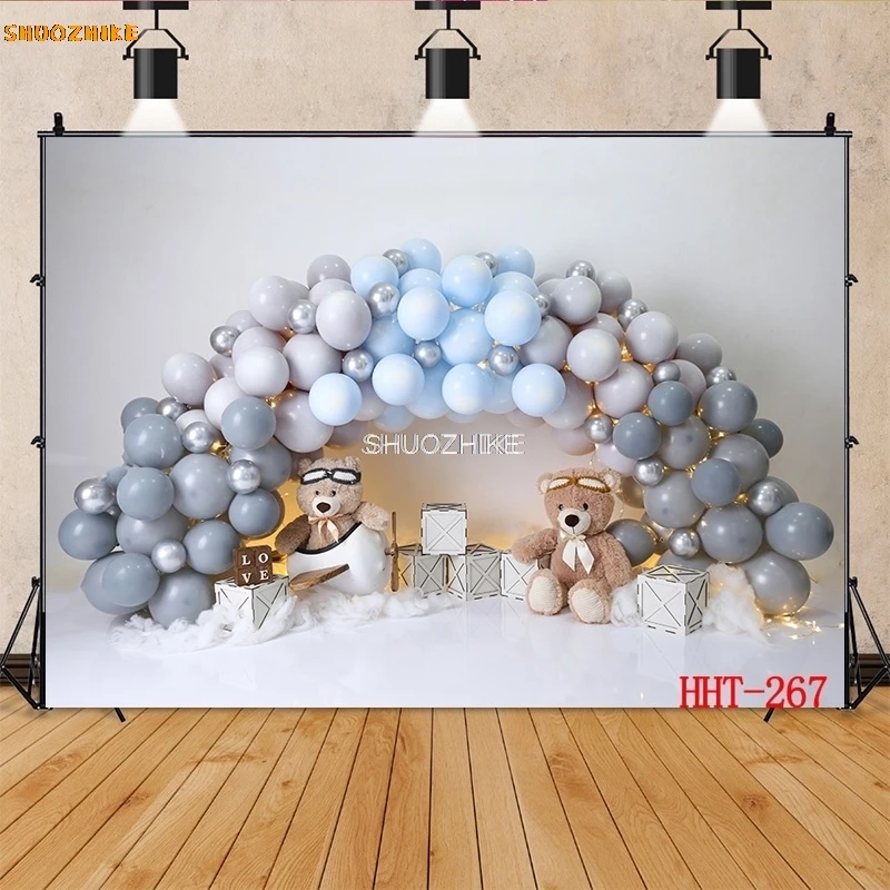 SHUOZHIKE-decoración personalizada, arco de globo colorido, Fondo de muñeco de nieve para bebé recién nacido, fondos de fotografía de cumpleaños, FSS-110