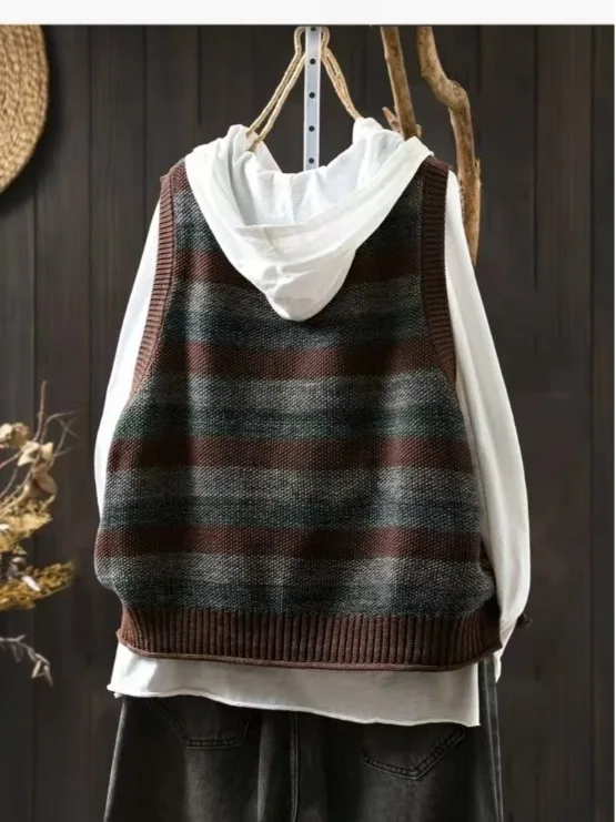 Women's Knitted Vest 2026 Spring Autumn Loose Casual Stripe Open Cardigan Top Sleeveless Sweater Caron Shoulder Multiwear