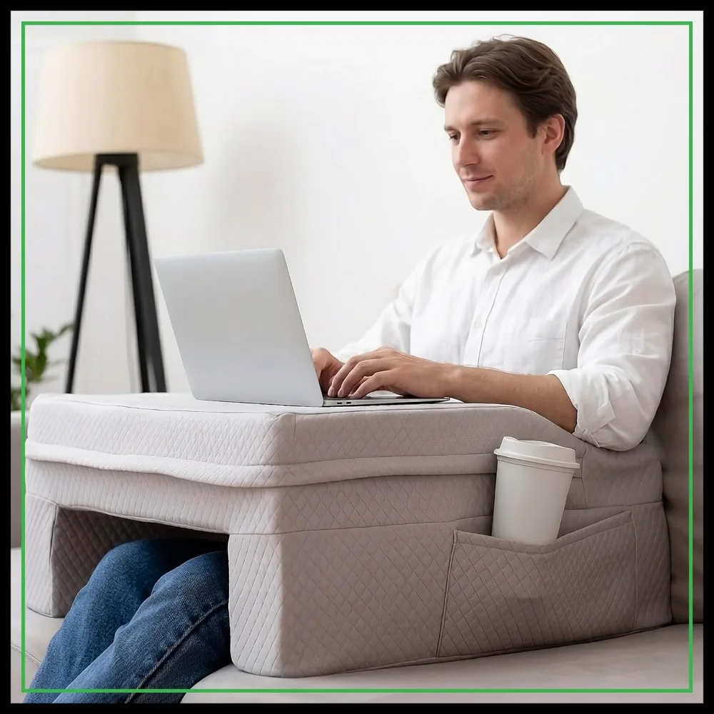 

Laptop Pillow for Bed Couch - 24in Lap Desk with Foam, 16in Leg Spacing, Arm Rests, Side Pockets, 2 Covers for Gaming Reading