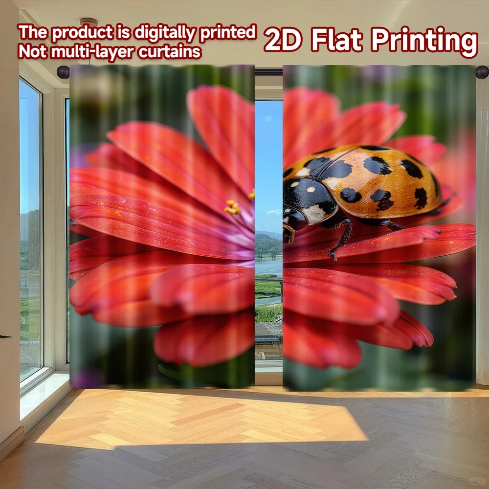 

2D flat printing 2pcs Party Curtains Ladybug on Red Flower Digital Printed Polyester Drapes Party Decorations for Indoor