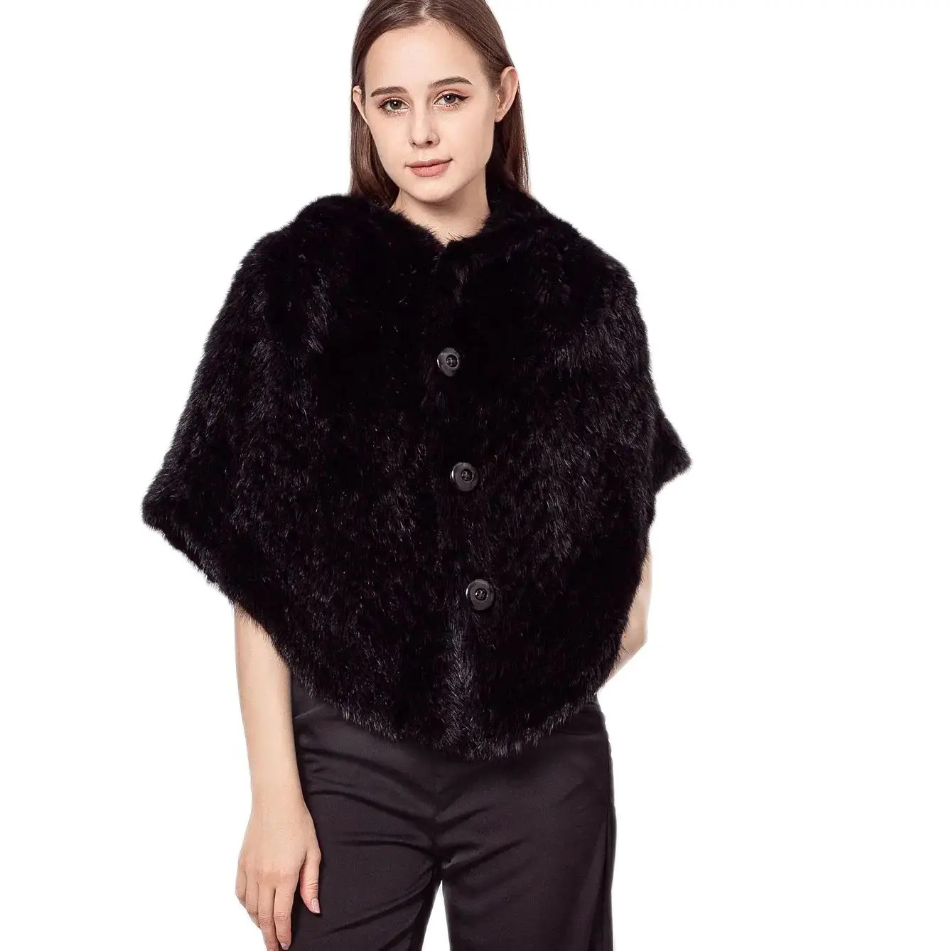 Knitted Mink Fur Cape for Women, Mini Shawl with Hood, Oversize Pullover, Black Cape, Furry Stole, New Style, 210721