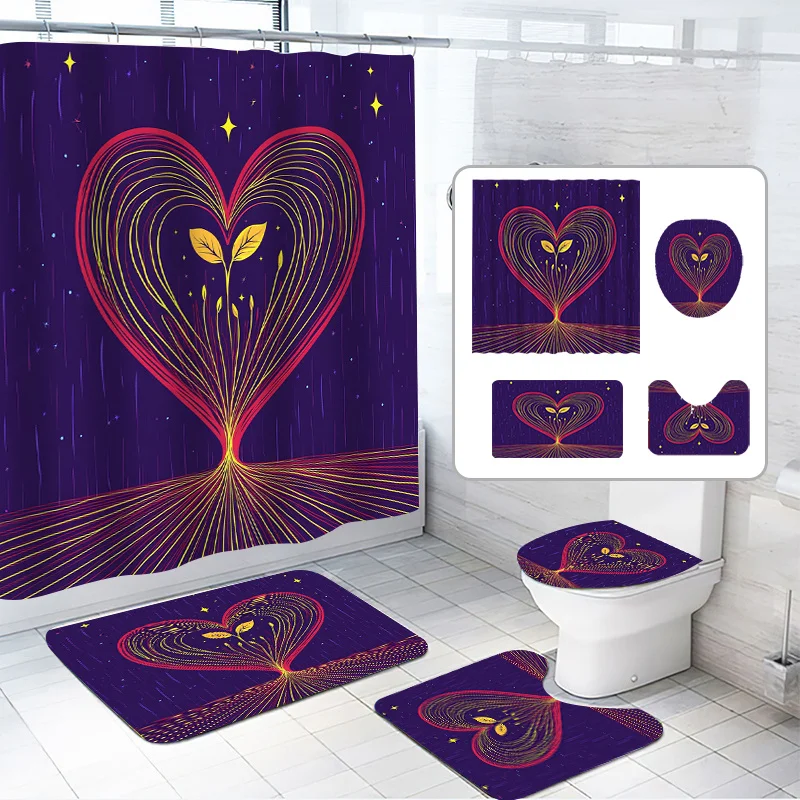 

4pcs, line love shower curtain set, purple background with grass design, includes 12 hooks, polyester fabric, bathroom non-sli