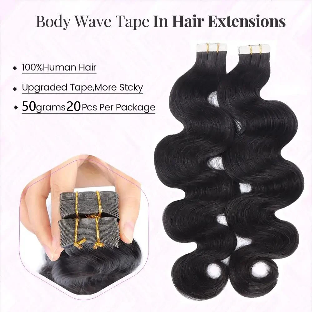 Body Wave in Hair Extensions Double Sided #1B Human Hair Tape in Hair Extensions Curly Wave for Women 20pcs/Pack 50g