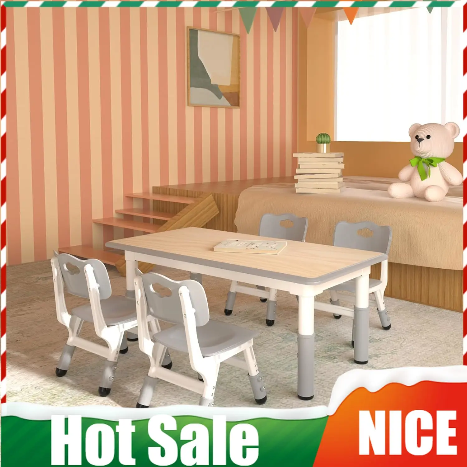 

Reliable Product Kids Table And 4 Chairs Set，Height Adjustable Children Table & Chair，Toddlers Study Multi-Activity Table With 4