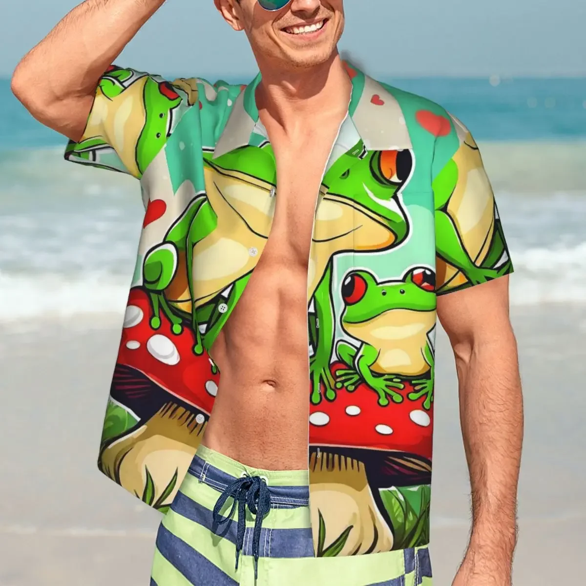 Cartoon Jungle Frogs Hawaiian Shirts Funny Men Short Sleeve Shirt for Summer Beach Men's Button Tops