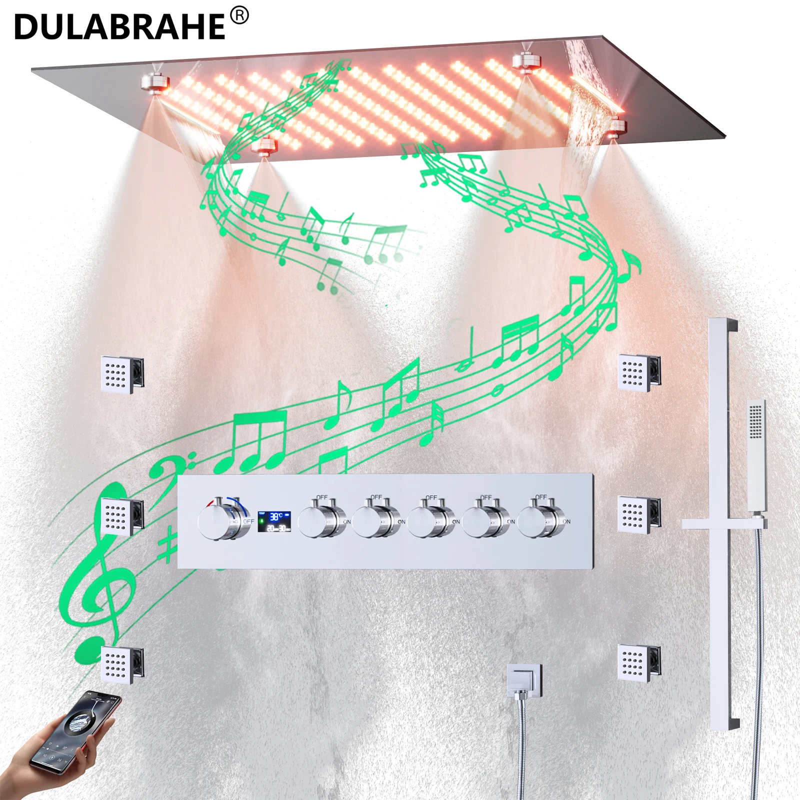 Ceiling Embedded 20 Inch LED Mist Rain&Waterfall Shower Head with Music Speaker Cold and Hot Digital Display Shower Faucet Set