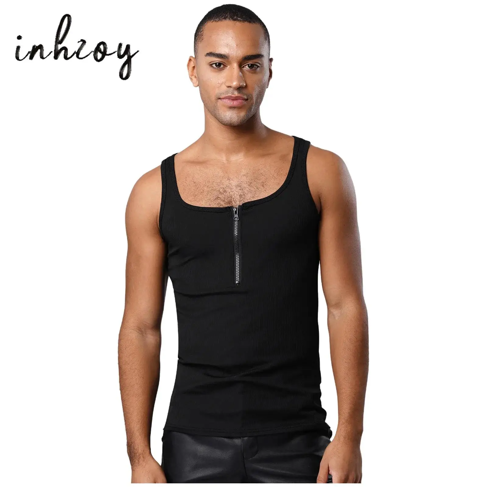 

Mens Summer Ribbed Stretchy Tank Tops Front Zip Collar Sleeveless Slim-fit Wresting Singlets Workout Vest for Running Gym Sports